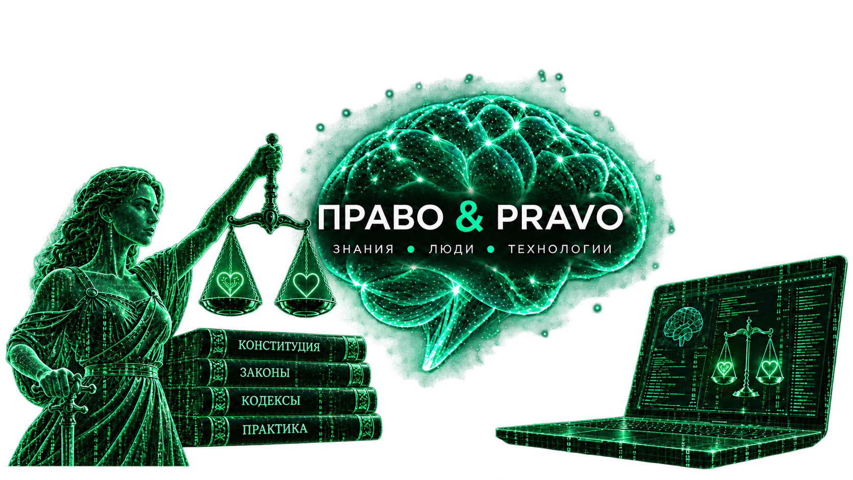 Матричная Фемида, цифровые книги, нейросетевой мозг ПРАВО & PRAVO и ноутбук на фоне тонкой световой сети
